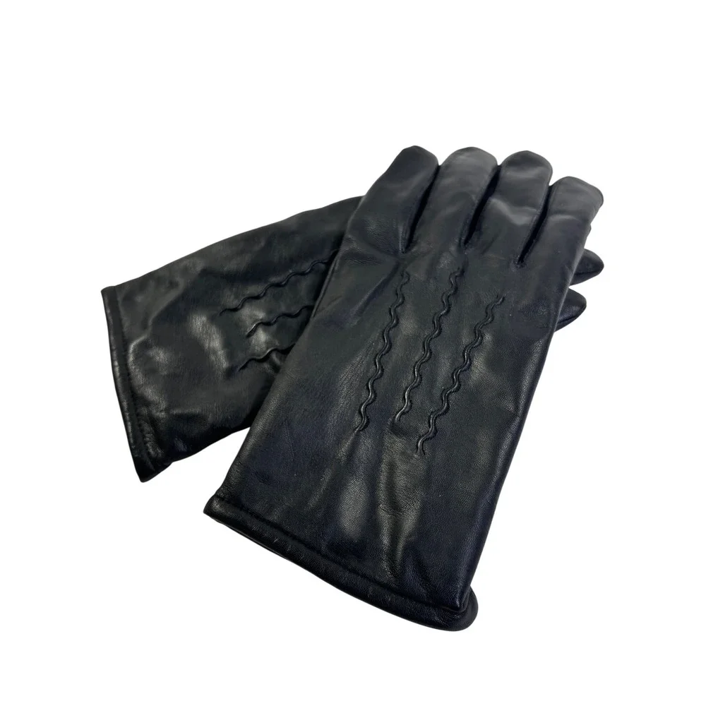 Black Genuine Leather Gloves Womens Large Faux Fur Lined Wavy Stitch